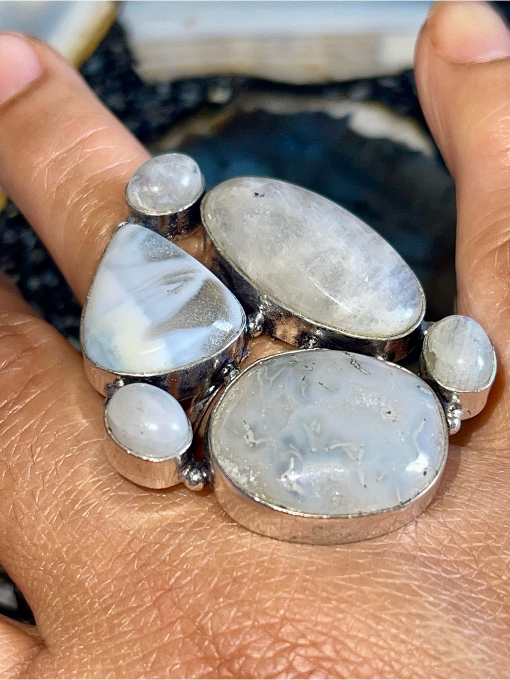 Moonstone, Owyhee Opal & Solar Quartz Ring Size 8 1/2”